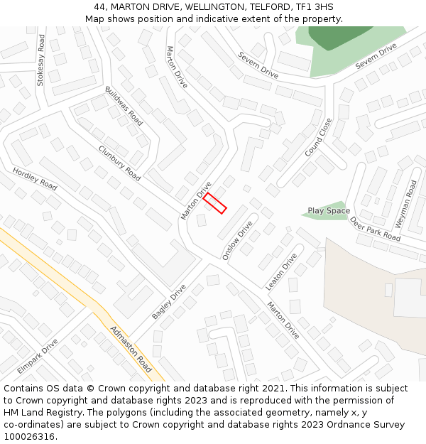 44, MARTON DRIVE, WELLINGTON, TELFORD, TF1 3HS: Location map and indicative extent of plot