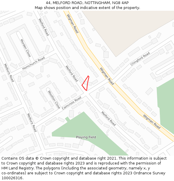 44, MELFORD ROAD, NOTTINGHAM, NG8 4AP: Location map and indicative extent of plot