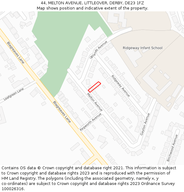 44, MELTON AVENUE, LITTLEOVER, DERBY, DE23 1FZ: Location map and indicative extent of plot