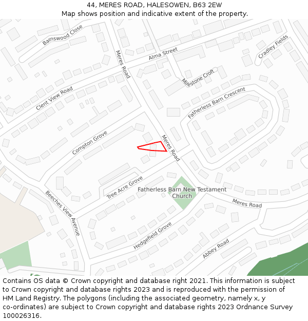 44, MERES ROAD, HALESOWEN, B63 2EW: Location map and indicative extent of plot