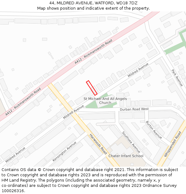 44, MILDRED AVENUE, WATFORD, WD18 7DZ: Location map and indicative extent of plot