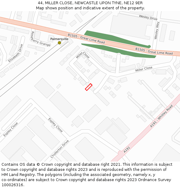 44, MILLER CLOSE, NEWCASTLE UPON TYNE, NE12 9ER: Location map and indicative extent of plot