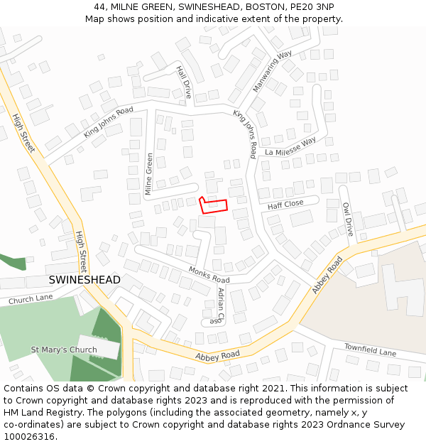 44, MILNE GREEN, SWINESHEAD, BOSTON, PE20 3NP: Location map and indicative extent of plot