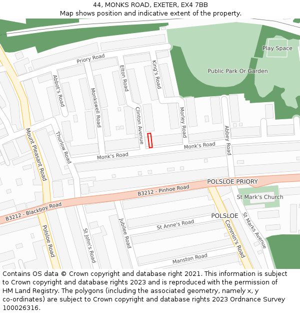 44, MONKS ROAD, EXETER, EX4 7BB: Location map and indicative extent of plot