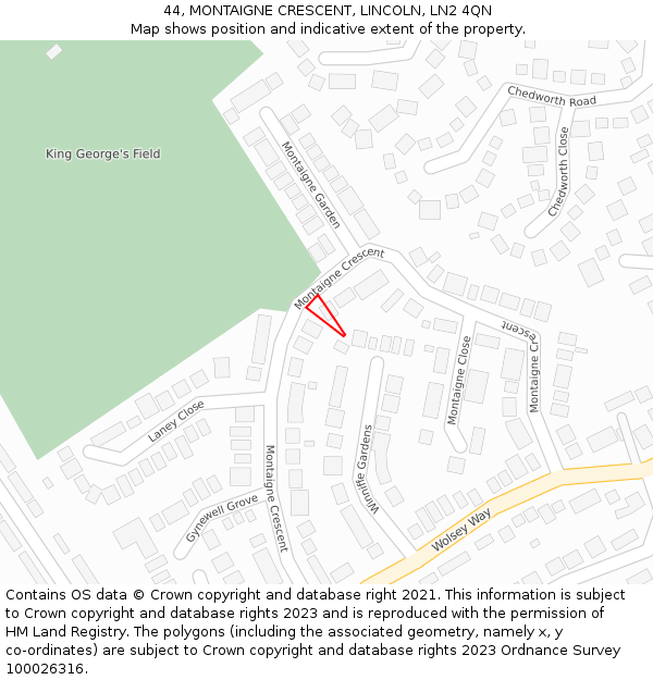44, MONTAIGNE CRESCENT, LINCOLN, LN2 4QN: Location map and indicative extent of plot