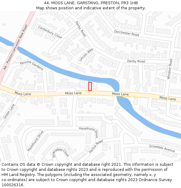 44, MOSS LANE, GARSTANG, PRESTON, PR3 1HB: Location map and indicative extent of plot