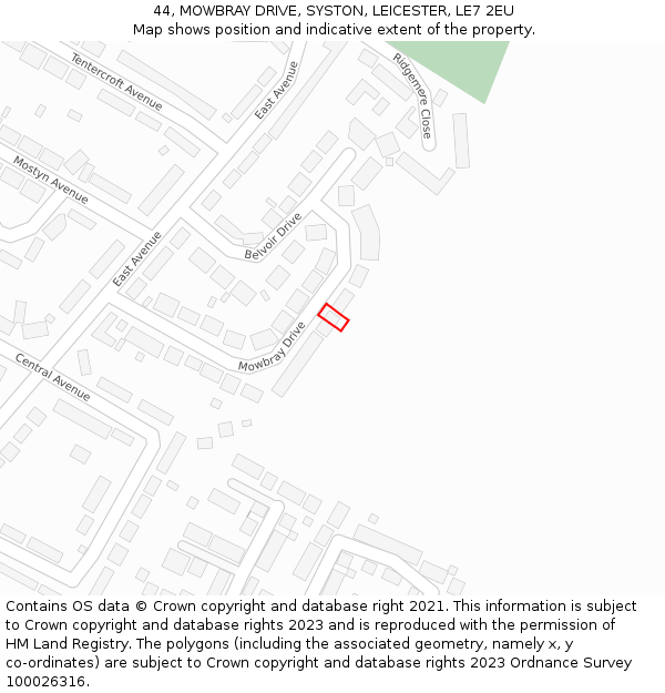 44, MOWBRAY DRIVE, SYSTON, LEICESTER, LE7 2EU: Location map and indicative extent of plot