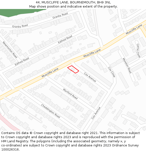44, MUSCLIFFE LANE, BOURNEMOUTH, BH9 3NL: Location map and indicative extent of plot