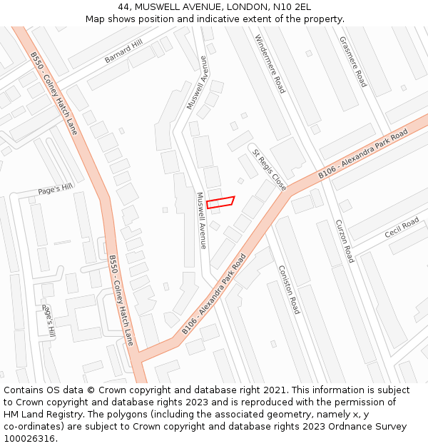 44, MUSWELL AVENUE, LONDON, N10 2EL: Location map and indicative extent of plot
