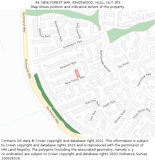 44, NEW FOREST WAY, KINGSWOOD, HULL, HU7 3FX: Location map and indicative extent of plot