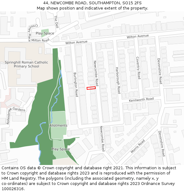 44, NEWCOMBE ROAD, SOUTHAMPTON, SO15 2FS: Location map and indicative extent of plot