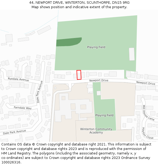 44, NEWPORT DRIVE, WINTERTON, SCUNTHORPE, DN15 9RG: Location map and indicative extent of plot