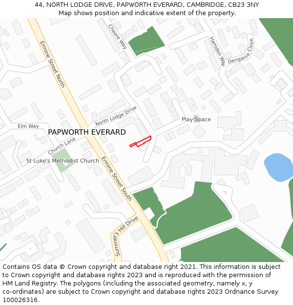 44, NORTH LODGE DRIVE, PAPWORTH EVERARD, CAMBRIDGE, CB23 3NY: Location map and indicative extent of plot