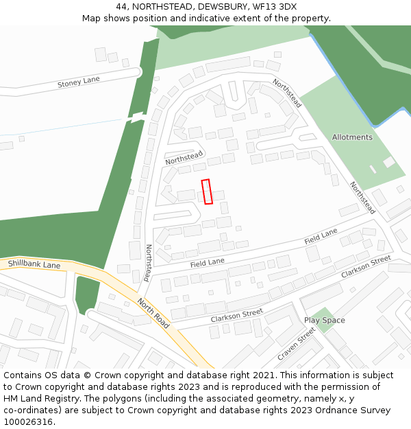 44, NORTHSTEAD, DEWSBURY, WF13 3DX: Location map and indicative extent of plot