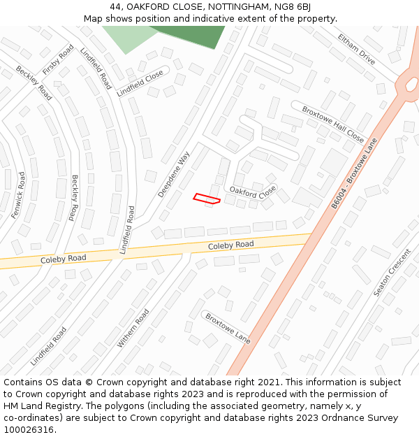 44, OAKFORD CLOSE, NOTTINGHAM, NG8 6BJ: Location map and indicative extent of plot