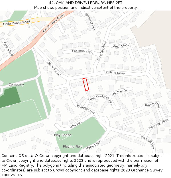 44, OAKLAND DRIVE, LEDBURY, HR8 2ET: Location map and indicative extent of plot