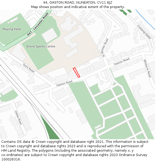 44, OASTON ROAD, NUNEATON, CV11 6JZ: Location map and indicative extent of plot