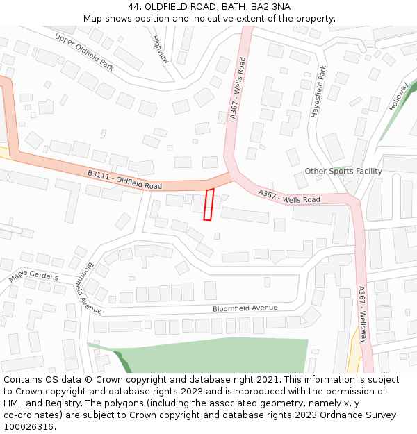 44, OLDFIELD ROAD, BATH, BA2 3NA: Location map and indicative extent of plot