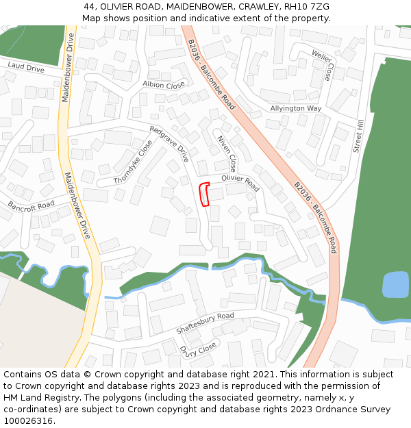 44, OLIVIER ROAD, MAIDENBOWER, CRAWLEY, RH10 7ZG: Location map and indicative extent of plot