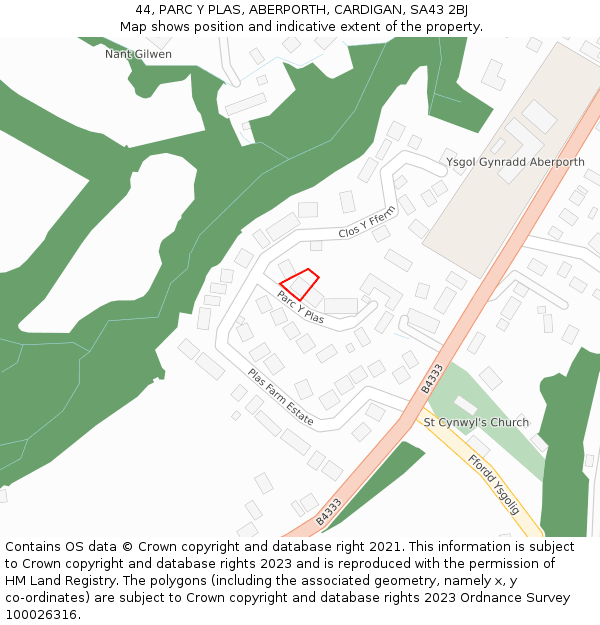 44, PARC Y PLAS, ABERPORTH, CARDIGAN, SA43 2BJ: Location map and indicative extent of plot