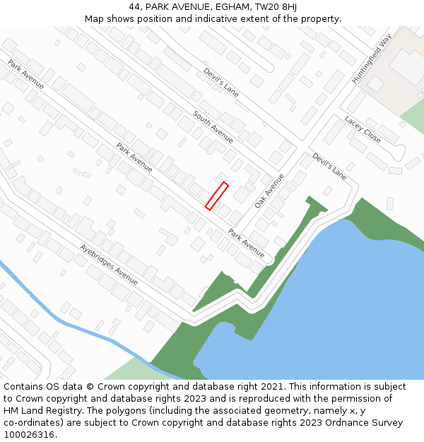 44, PARK AVENUE, EGHAM, TW20 8HJ: Location map and indicative extent of plot