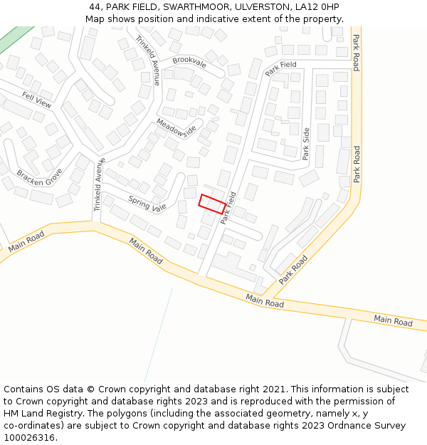 44, PARK FIELD, SWARTHMOOR, ULVERSTON, LA12 0HP: Location map and indicative extent of plot