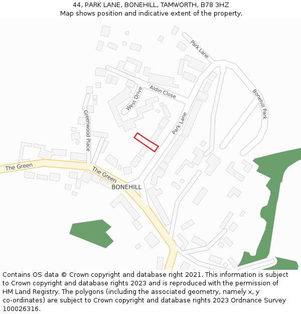 44, PARK LANE, BONEHILL, TAMWORTH, B78 3HZ: Location map and indicative extent of plot