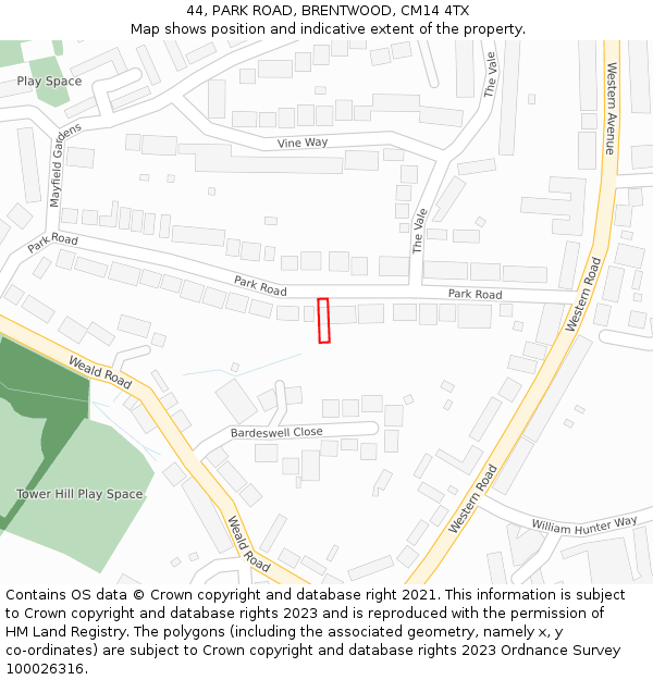 44, PARK ROAD, BRENTWOOD, CM14 4TX: Location map and indicative extent of plot