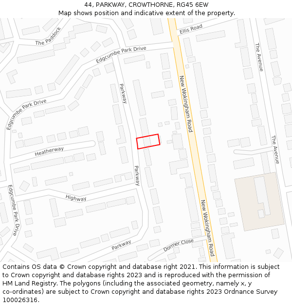 44, PARKWAY, CROWTHORNE, RG45 6EW: Location map and indicative extent of plot
