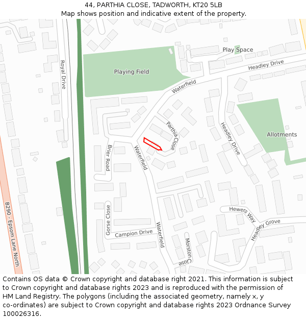 44, PARTHIA CLOSE, TADWORTH, KT20 5LB: Location map and indicative extent of plot