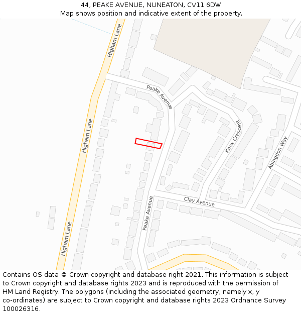 44, PEAKE AVENUE, NUNEATON, CV11 6DW: Location map and indicative extent of plot