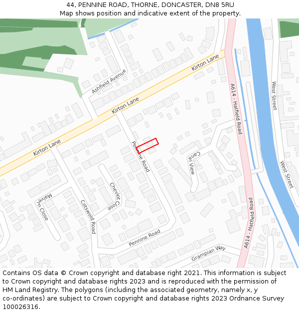 44, PENNINE ROAD, THORNE, DONCASTER, DN8 5RU: Location map and indicative extent of plot