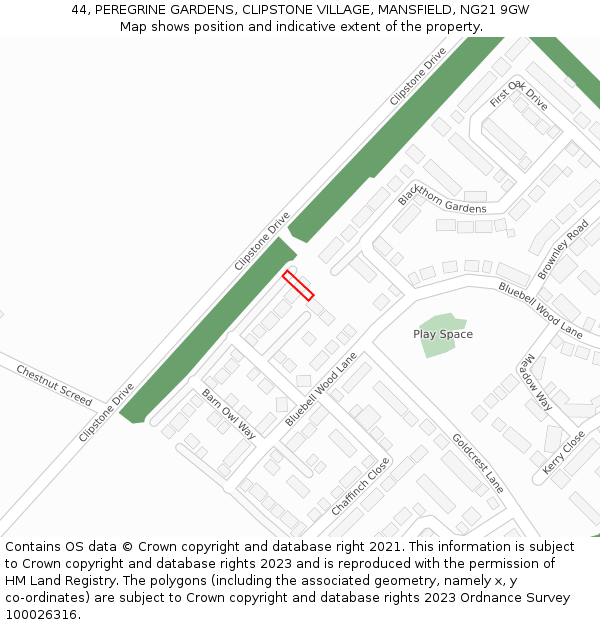 44, PEREGRINE GARDENS, CLIPSTONE VILLAGE, MANSFIELD, NG21 9GW: Location map and indicative extent of plot