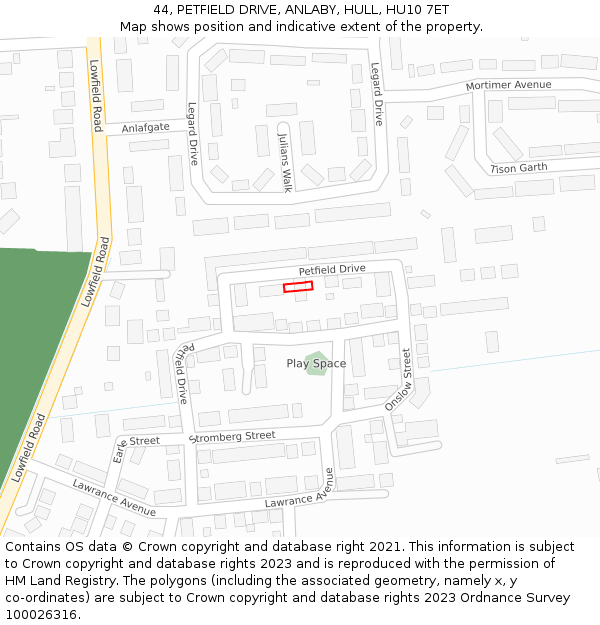 44, PETFIELD DRIVE, ANLABY, HULL, HU10 7ET: Location map and indicative extent of plot