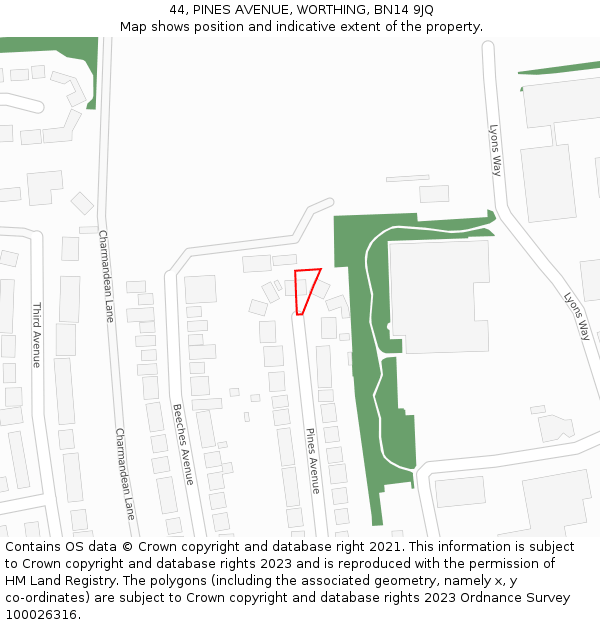 44, PINES AVENUE, WORTHING, BN14 9JQ: Location map and indicative extent of plot