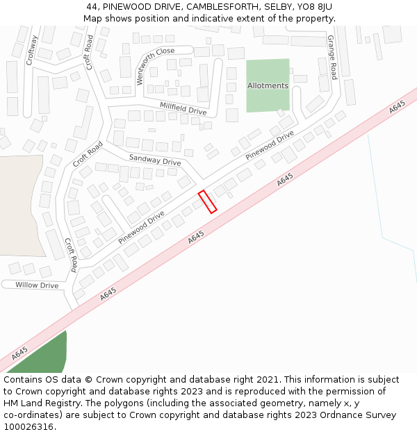 44, PINEWOOD DRIVE, CAMBLESFORTH, SELBY, YO8 8JU: Location map and indicative extent of plot