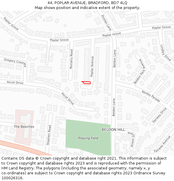 44, POPLAR AVENUE, BRADFORD, BD7 4LQ: Location map and indicative extent of plot