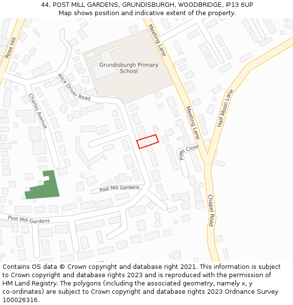 44, POST MILL GARDENS, GRUNDISBURGH, WOODBRIDGE, IP13 6UP: Location map and indicative extent of plot