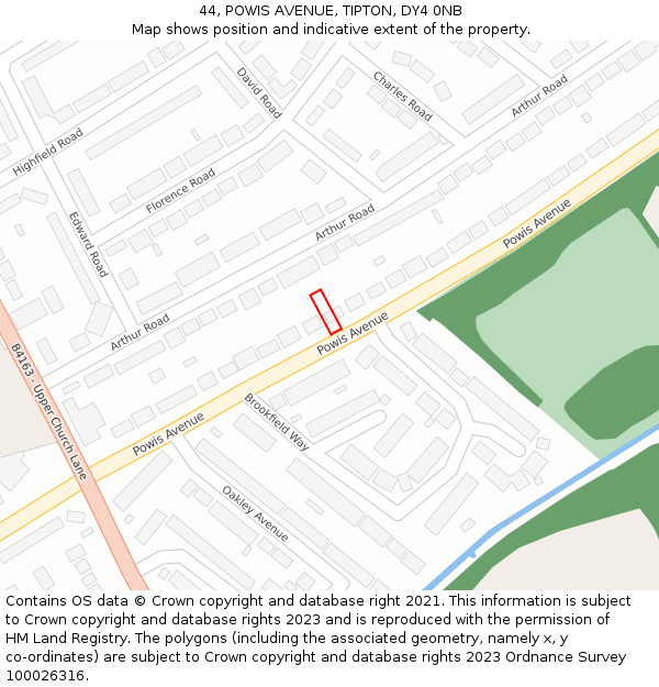 44, POWIS AVENUE, TIPTON, DY4 0NB: Location map and indicative extent of plot