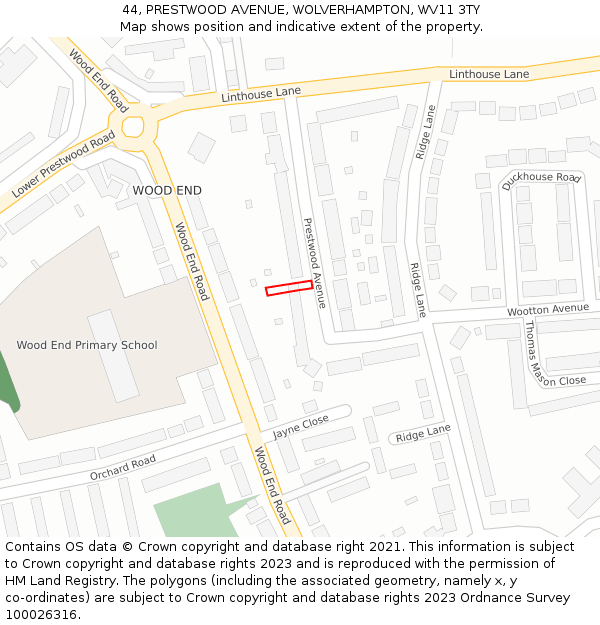 44, PRESTWOOD AVENUE, WOLVERHAMPTON, WV11 3TY: Location map and indicative extent of plot