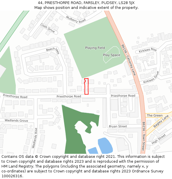 44, PRIESTHORPE ROAD, FARSLEY, PUDSEY, LS28 5JX: Location map and indicative extent of plot