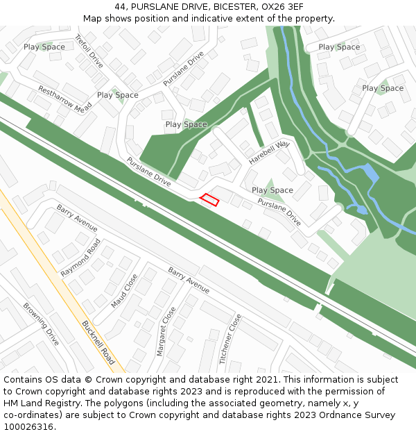 44, PURSLANE DRIVE, BICESTER, OX26 3EF: Location map and indicative extent of plot