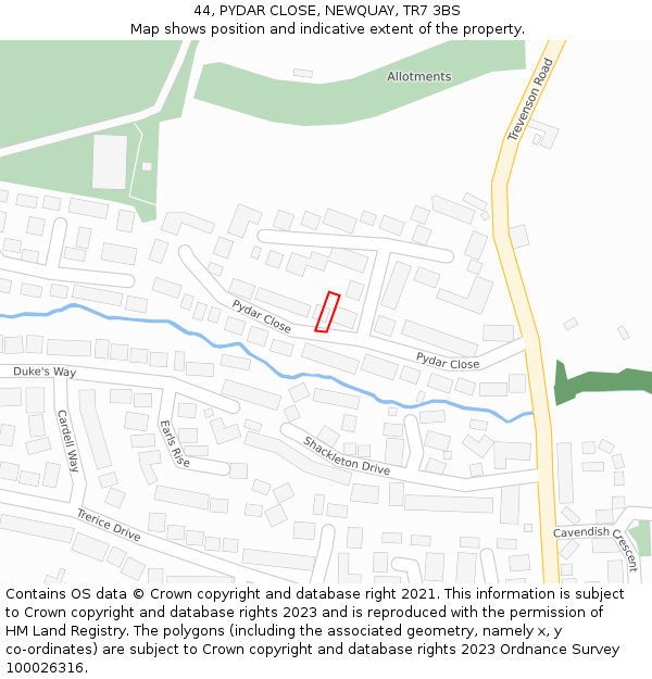 44, PYDAR CLOSE, NEWQUAY, TR7 3BS: Location map and indicative extent of plot