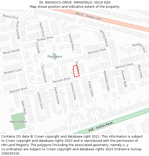 44, RANNOCH DRIVE, MANSFIELD, NG19 6QX: Location map and indicative extent of plot