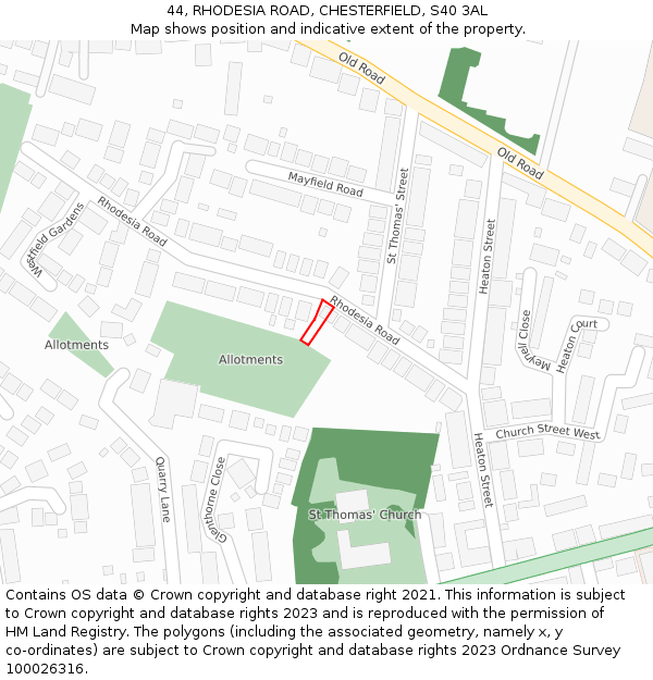44, RHODESIA ROAD, CHESTERFIELD, S40 3AL: Location map and indicative extent of plot