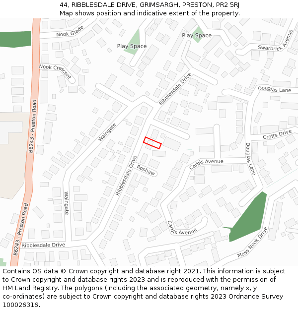 44, RIBBLESDALE DRIVE, GRIMSARGH, PRESTON, PR2 5RJ: Location map and indicative extent of plot
