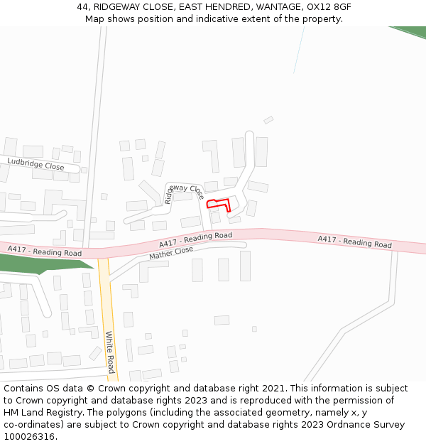44, RIDGEWAY CLOSE, EAST HENDRED, WANTAGE, OX12 8GF: Location map and indicative extent of plot