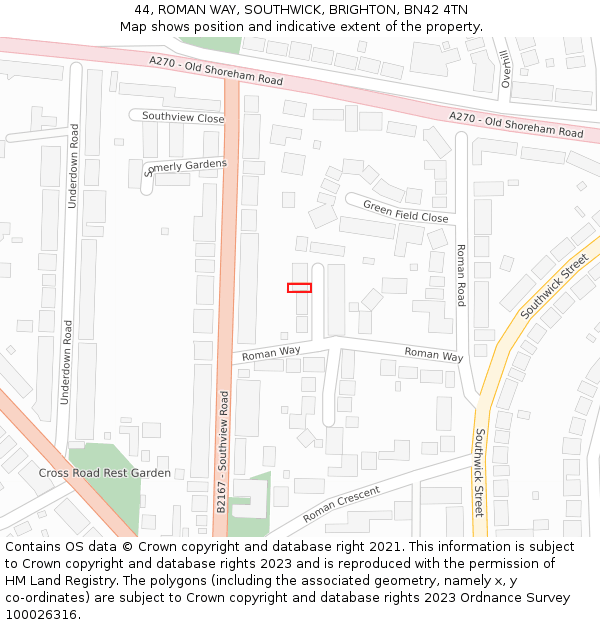 44, ROMAN WAY, SOUTHWICK, BRIGHTON, BN42 4TN: Location map and indicative extent of plot