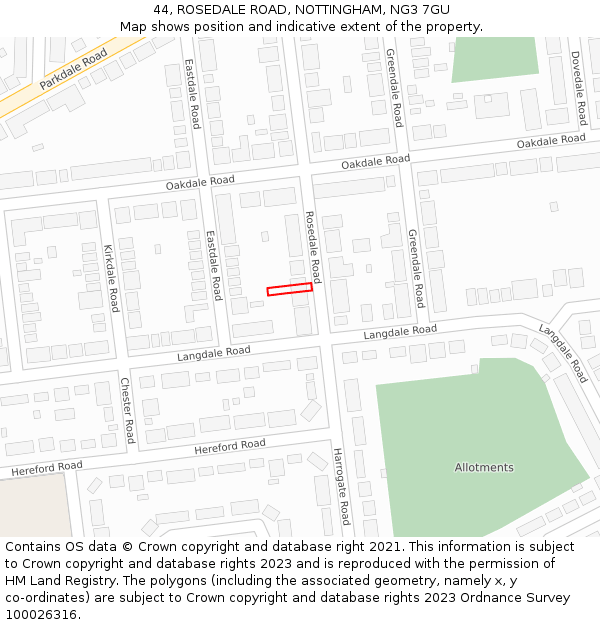 44, ROSEDALE ROAD, NOTTINGHAM, NG3 7GU: Location map and indicative extent of plot
