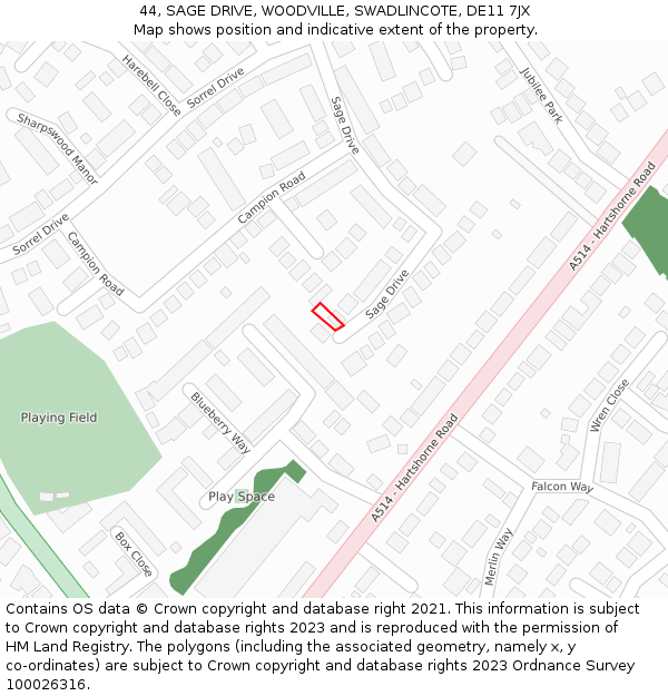 44, SAGE DRIVE, WOODVILLE, SWADLINCOTE, DE11 7JX: Location map and indicative extent of plot